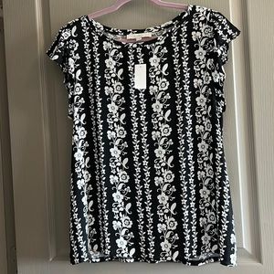 NWT LOFT Mixed Media Black and White Floral Print Top - L